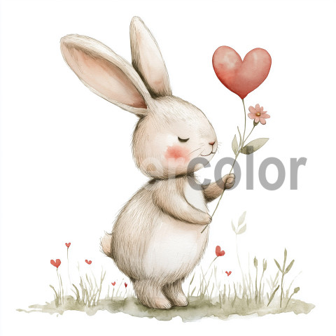 Watercolor Bunny with Heart and Flower