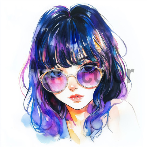 Watercolor anime girl with sunglasses