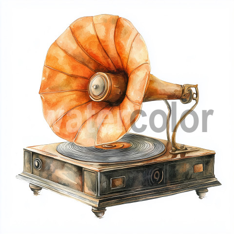 Orange watercolor vintage gramophone