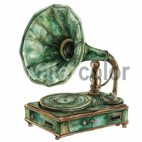 Green watercolor vintage gramophone