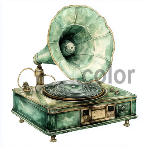 Green vintage watercolor gramophone