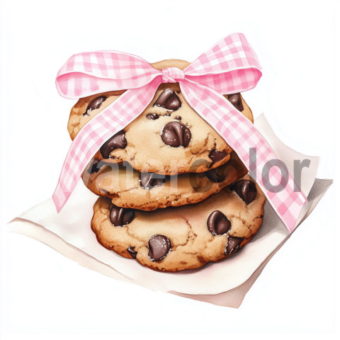 Watercolor chocolate chip cookies with pink gingham ribbon